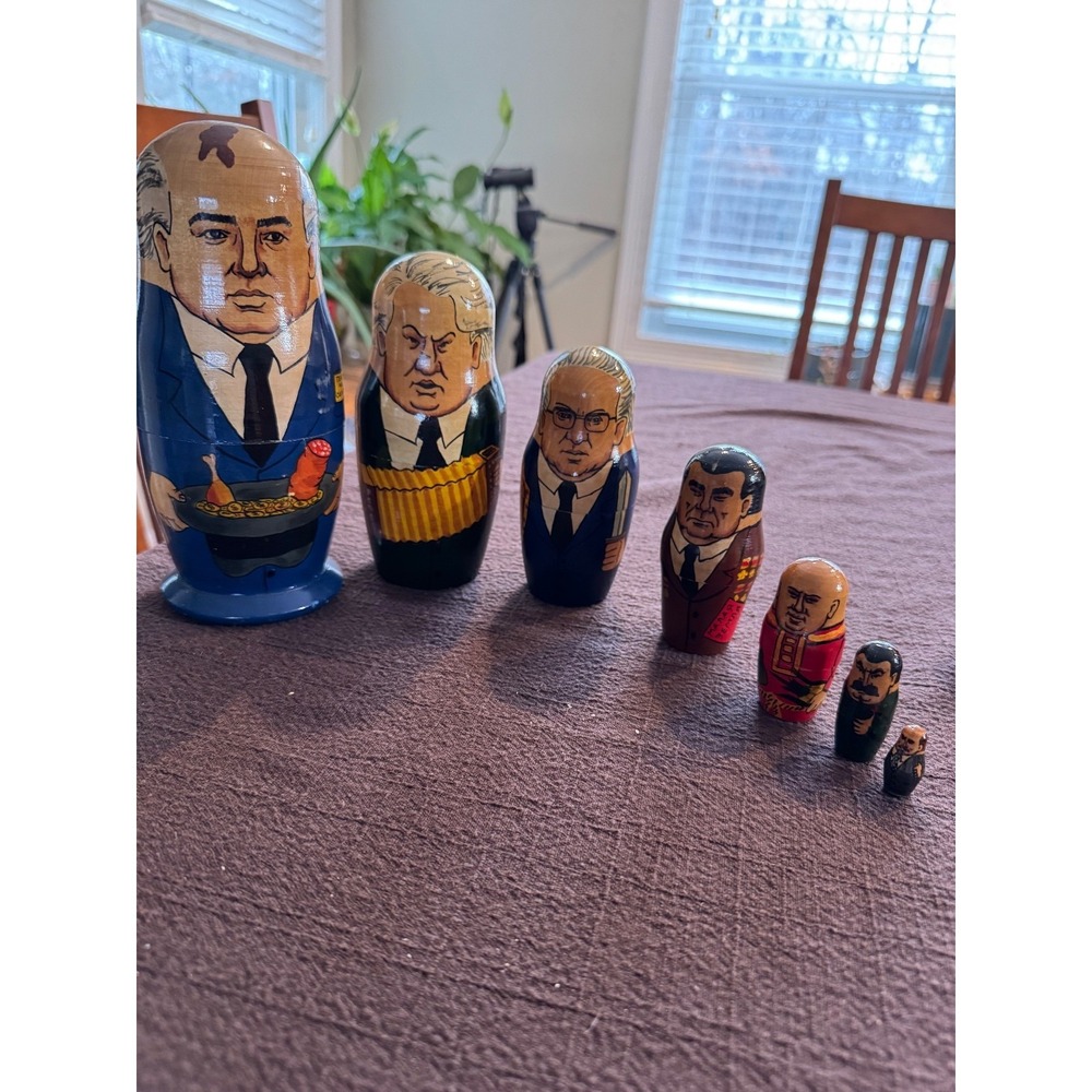Russian nesting dolls matryoshka 7 Soviet Union leaders Cold War politic Satire